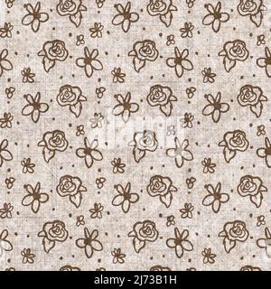 Floral bloom seamless hand drawn linen style pattern. Organic flower natural tone on tone design for throw pillow, soft furnishing. Modern sepia home Stock Photo