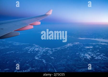 Chaleur Bay, New Brunswick/Quebec, Canada, in the late winter, aerial view Stock Photo