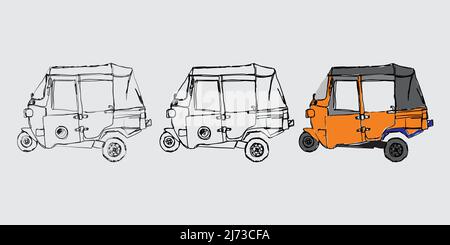 Bajaj is an icon of public transportation in the city of Jakarta, Indonesia. (Bajaj is a three-wheeled motorized vehicle) Stock Vector