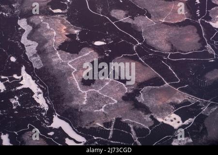 Aerial view of snow-covered roads and firebreaks between Montreal and Quebec City, Canada Stock Photo