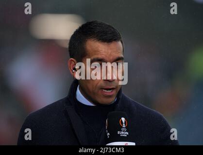Rangers Manager Giovanni van Bronckhorst gives an interview before the UEFA Europa League semi final 2nd leg match between Glasgow Rangers and RB Leipzig at Ibrox Stadium in Glasgow, Scotland. UEFA Europa League semi final 2nd leg Alex Todd/SPP Stock Photo
