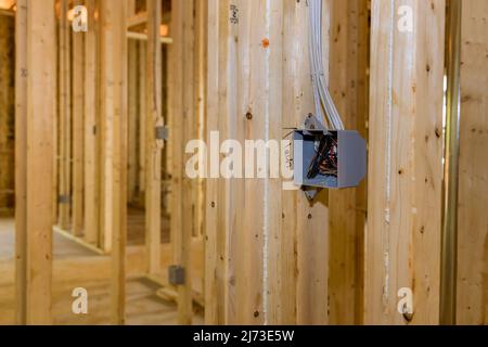 Electrical socket boxes inside frame house with basic electrical wiring Stock Photo