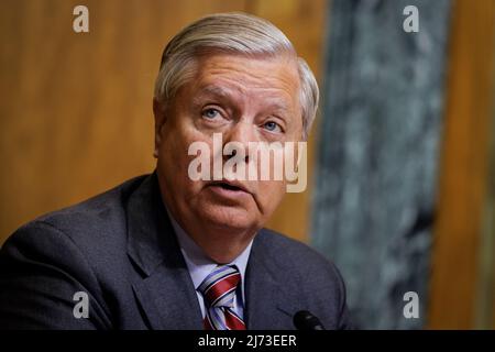 Committee Ranking Member Sen. Lindsey Graham (R-SC) speaks during a Senate Budget Committee hearing on whether taxpayer dollars should go to companies that violate labor laws in the Dirksen Senate Office Building on Capitol Hill in Washington, DC, on May 5, 2022. Credit: Samuel Corum / CNP Stock Photo