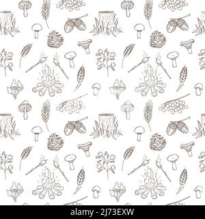 Seamless pattern with autumn, forest harvest. Pine cone, mushrooms, bonfire, stump, berry, marshmallow, acorns. Monochrome backdrop with linear outlin Stock Vector