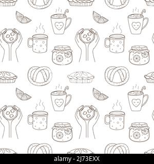 Seamless pattern with coffee, jam, cake, pretzel. Hands holding a cup of cocoa with marshmallows. Food, hot drinks,cozy autumn. Black white vector pat Stock Vector