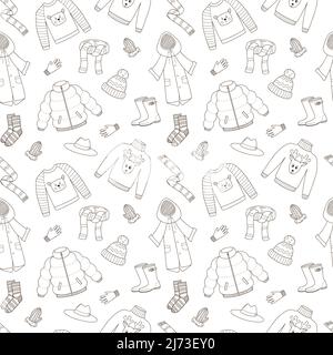Seamless pattern with autumn warm outerwear. Clothing, rubber boots, gloves, socks. Monochrome backdrop with linear Outline doodle elements. Black and Stock Vector