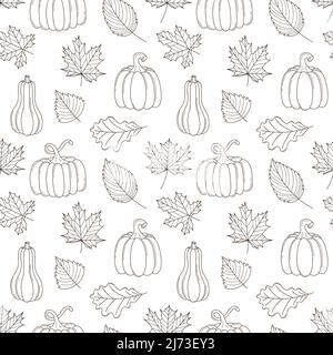 Seamless pattern with different autumn leaves and pumpkins. Autumn harvest, Thanksgiving. Monochrome backdrop with linear Outline doodle elements. Bla Stock Vector