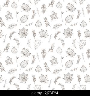 Seamless pattern with autumn leaves and twigs. Maple, oak, chestnut, aspen, birch. Monochrome backdrop with botanical linear Outline doodle elements. Stock Vector
