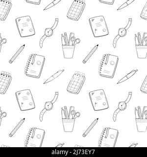 A simple school seamless pattern with a notebook, clock, stationery, notepad, pen. Black and white background with isolated hand-drawn doodle outline Stock Vector