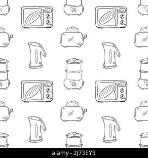 Seamless pattern with kitchen appliances. Microwave, kettle, toaster, steamer. A monochrome backdrop with simple hand-drawn outline doodle elements. B Stock Vector