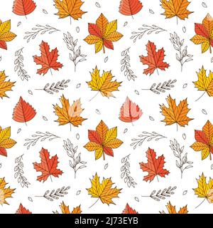 Seamless pattern with autumn leaves and twigs. Maple, oak, chestnut, aspen, birch.Backdrop with colored doodle elements. Bright colorful vector patter Stock Vector