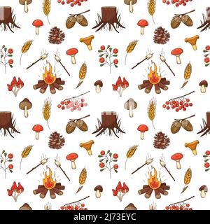 Seamless pattern with autumn, forest harvest. Pine cone, mushrooms, bonfire, stump, berry, marshmallow, acorns. Backdrop with colored doodle elements. Stock Vector
