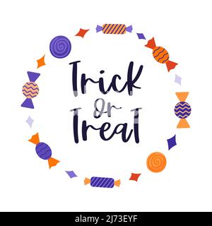 A round frame with wrapped sweets. Hand lettering-trick or treat. Halloween decoration. Color flat cartoon vector illustration on a purple background Stock Vector
