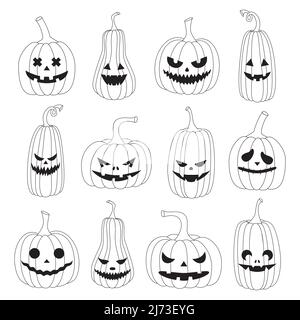 A set of black and white linear pumpkins with funny faces. Halloween Contour outline hand drawn pumpkins with different facial expressions. Lineart. Stock Vector