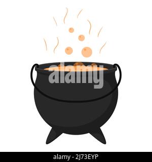 A witch's cauldron with a boiling potion. Halloween. Flat cartoon style. Stock Vector