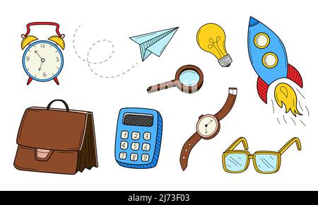 A set of doodle icons. Business, work, startup. Decorative elements drawn with a pen. Black and white outline vector illustration. Isolated on a white Stock Vector