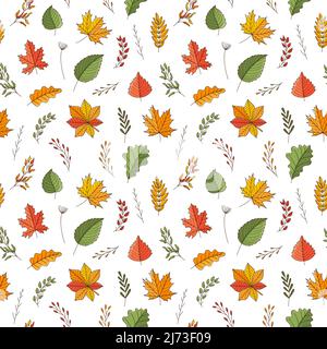 Seamless pattern with autumn leaves and twigs. Maple, oak, chestnut, aspen, birch.Backdrop with colored doodle elements. Bright colorful vector patter Stock Vector