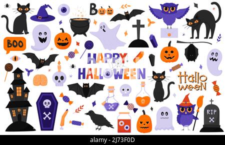 A collection of objects for Halloween. Pumpkins, owls, cats, ghosts, hat, cauldron, candy, bats. Bright purple, orange colors. Set with flat cartoon v Stock Vector