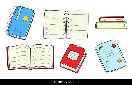A set of books, school exercise books, notebooks on a spring. Doodle style. Hand-drawn black and white outline vector illustration. Isolated on a whit Stock Vector