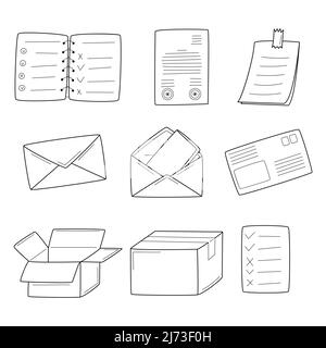 A set of linear icons with paper documents, a sticker, correspondence, mail, envelopes, boxes. Unpacking, delivery, mail, business. Hand-drawn black a Stock Vector