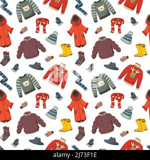 Seamless pattern with autumn warm outerwear. Clothing, rubber boots, gloves, socks. Backdrop with colored doodle elements. Bright colorful vector patt Stock Vector
