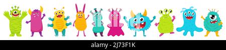 A set of cute monsters. Bright cartoon characters. Children's vector illustration. Flat style, isolated on a white background Stock Vector