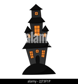 A creepy house with towers. The Black Castle on the hill. Halloween Stock Vector