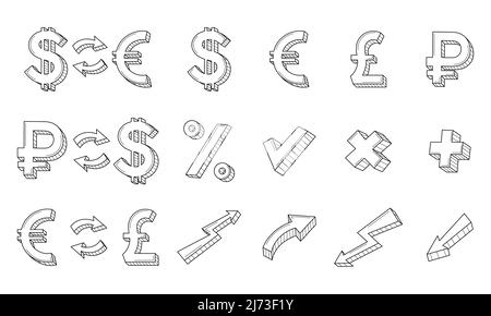 A set of linear business, icons. Currency exchange symbols, ruble, dollar, euro, pound, arrows. The growth and fall of the currency. Hand-drawn black Stock Vector