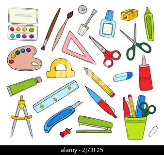 A set of school stationery and office supplies. Doodle icon set. Hand-drawn decorative elements. Black and white outline vector illustration. Isolated Stock Vector