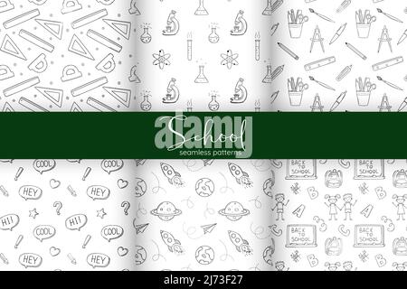 A set of simple school seamless patterns with school stationery items, rulers, chemical test tubes. Black and white background with isolated hand-draw Stock Vector