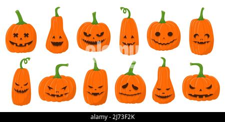 A set of colored flat linear pumpkins with funny faces. Halloween pumpkins with different facial expressions. Jack lantern template. Vector illustrati Stock Vector