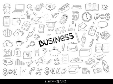 A large collection of linear decorative elements. The symbols are Business, startup, bank, currency, money. Hand-drawn black and white vector illustra Stock Vector