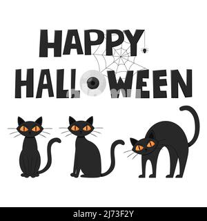 Black, frowning, serious cats. The cat is sitting, standing with its back arched. Hand-drawn words of Happy Halloween. Color flat cartoon vector illus