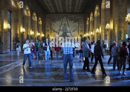 Golden Hall mosaics in the Art Nouveau Stockholm City Hall on Kungsholmen island, Stockholm, Sweden, was designed by Ragnar Östberg and opened in 1923 Stock Photo