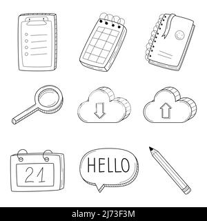 A set of linear icons with a notepad, notebook, calendar, pencil, magnifying glass, cloud. Business symbols. Hand-drawn black and white vector illustr Stock Vector