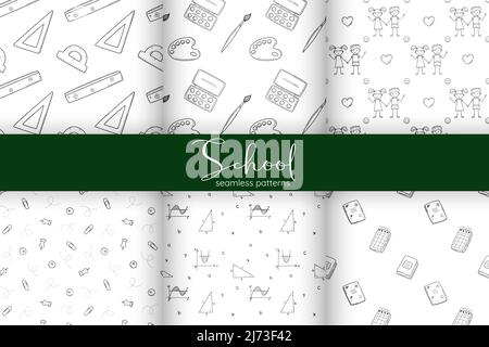 A set of simple school seamless patterns with school stationery items, children. Black and white background with isolated hand-drawn outline doodle el Stock Vector