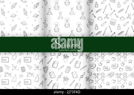 A set of simple school seamless patterns with school subjects, chemical test tubes, mathematical graphs. Black white background with isolated hand-dra Stock Vector
