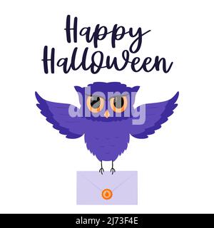 A flying purple owl holds an envelope with a pumpkin in its paws. Handwritten words Happy Halloween. Postcard with hand lettering. Flat cartoon vector Stock Vector