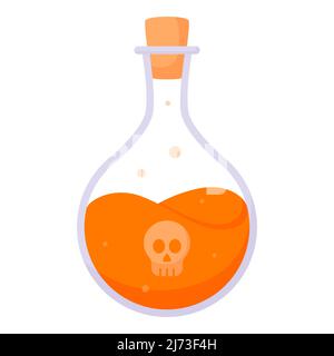 A round flask with poison and a stopper. Halloween. Flat cartoon style. Stock Vector
