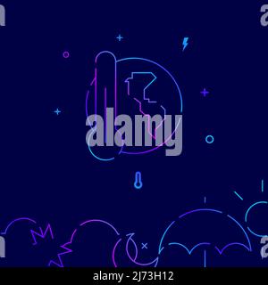 Thermometer. Global warming gradient line vector icon, simple illustration on a dark blue background, weather forecast related bottom border. Stock Vector