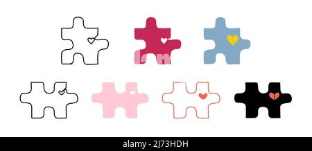 Set of various jigsaw puzzle pieces with little hearts in flat style for marriage therapy website or invitation design Stock Vector