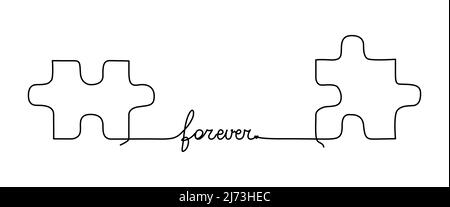 Two jigsaw puzzle pieces connected with one line and a heart. Continuous line drawing for relationship concept or dating Stock Vector