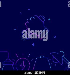 Hand with flashlight gradient line vector icon, simple illustration on a dark blue background, Home lamps related bottom border. Stock Vector