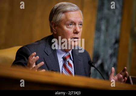 Committee Ranking Member Sen. Lindsey Graham (R-SC) speaks during a Senate Budget Committee hearing on whether taxpayer dollars should go to companies that violate labor laws in the Dirksen Senate Office Building on Capitol Hill in Washington, DC, on May 5, 2022.Credit: Samuel Corum / CNP /MediaPunch Stock Photo