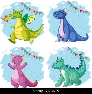 Set of different cute dragons cartoon illustration Stock Vector