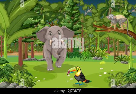 Forest scene with various wild animals illustration Stock Vector