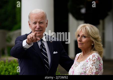 United States President Joe Biden with first lady Jill Biden greets guests at a Cinco de Mayo reception with Mrs. Beatriz Gutiérrez Mueller de López Obrador, wife of Mexican President, in the Rose Garden of the White House in Washington on May 5, 2022. Credit: Yuri Gripas / Pool via CNP Stock Photo