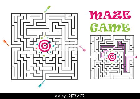 Square maze labyrinth game for kids. Labyrinth logic conundrum with target and arrows. 4 entrances and one right way to go. Vector flat illustration is Stock Vector