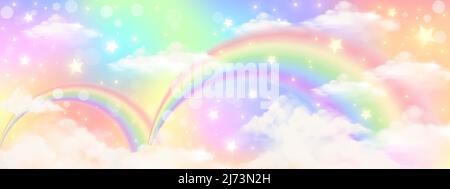 Holographic fantasy rainbow unicorn background with clouds. Pastel color sky. Magical landscape, abstract fabulous pattern. Cute candy wallpaper. Vect Stock Vector