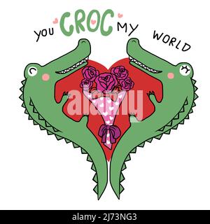 Crocodile couple , you croc my world cartoon vector illustration Stock Vector